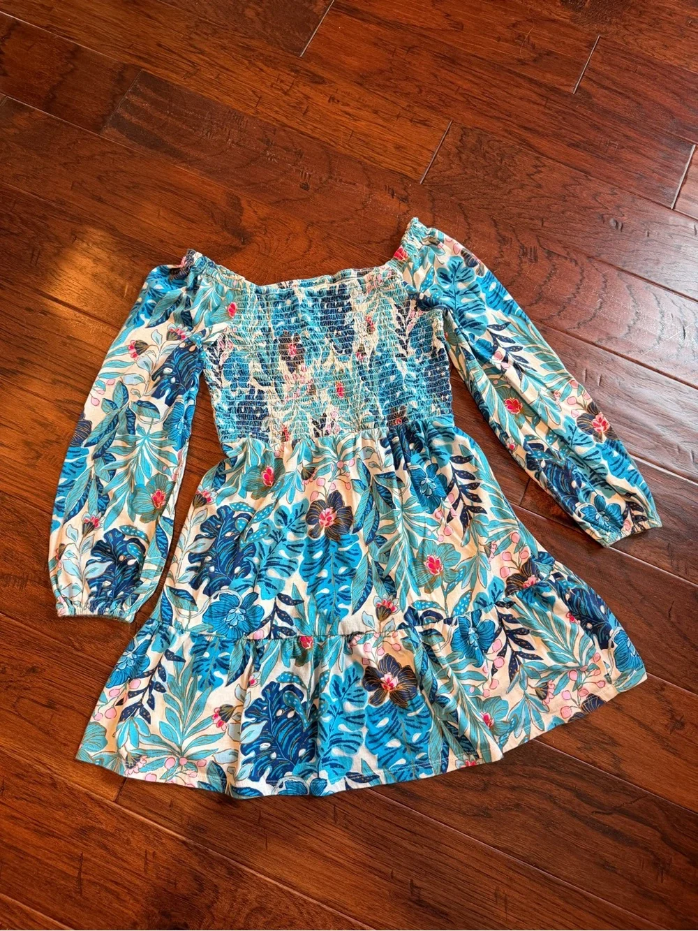 Lilly Pulitzer Blue Tropical Smocked Long-Sleeve Dress